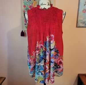 ANTHROPOLOGIE Deletta Floral Red Smocked High Neck Ruffle Tank Women's Small EUC
